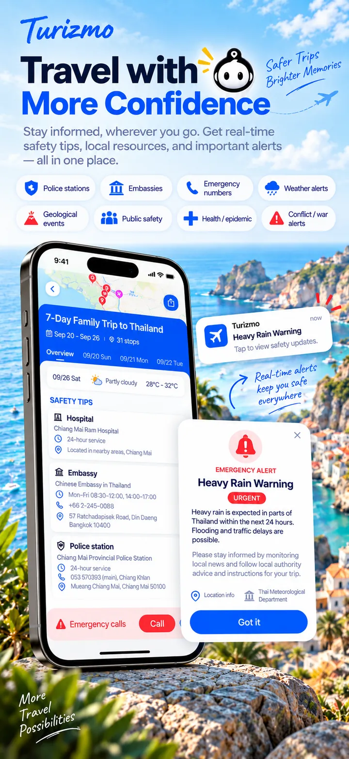 Turizmo app safety screen: live safety tips, local resources and important alerts